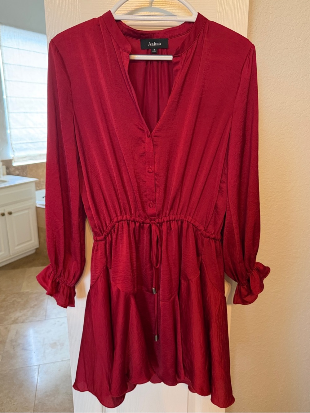 Aakaa Women's red V-Neck Long Sleeve Drawstring Waist Dress